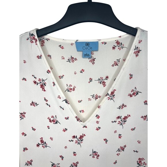 CeCe Breezy Sprigs Ecru Floral Print Long Sleeve V-Neck Tie-Cuff Blouse Large - Picture 8 of 15